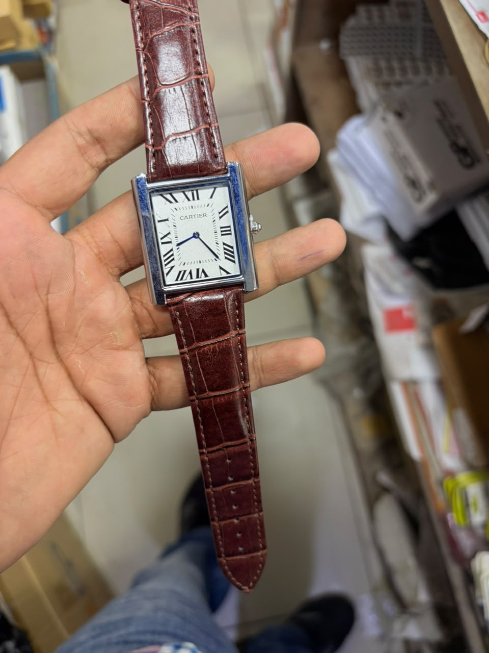 Luxury Tank Style Square Dial Watch – Brown Crocodile Pattern Leather Strap | White Roman Dial | Quartz Movement
