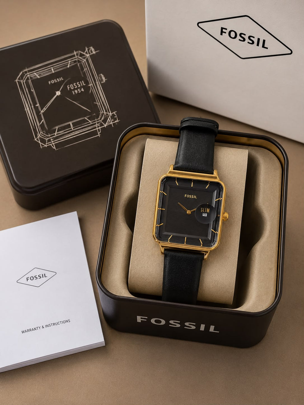 Fossil Slim Square Analog Watch for Men – Black Dial | Gold Tone Case | Black Leather Strap | Quartz Movement