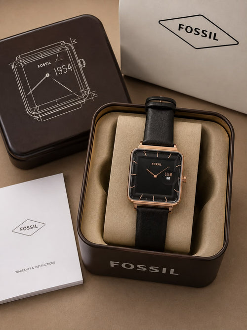 Fossil Slim Square Analog Watch for Men – Black Dial | Gold Tone Case | Black Leather Strap | Quartz Movement