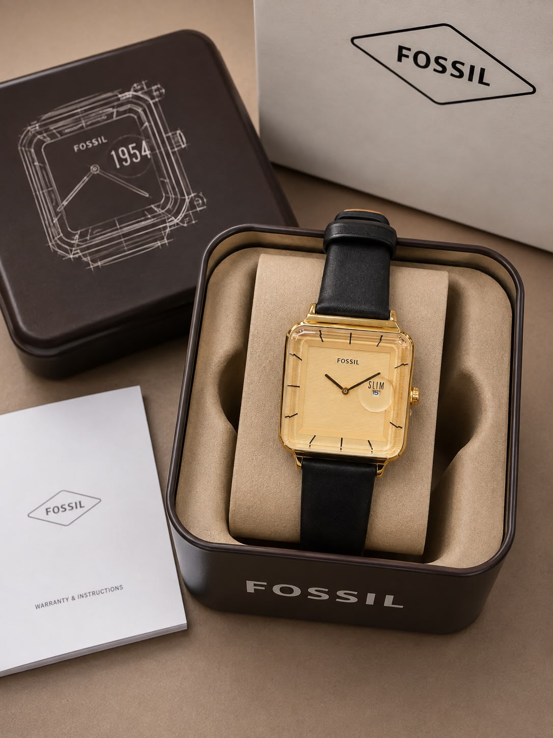 Fossil Slim Square Analog Watch for Men – Black Dial | Gold Tone Case | Black Leather Strap | Quartz Movement