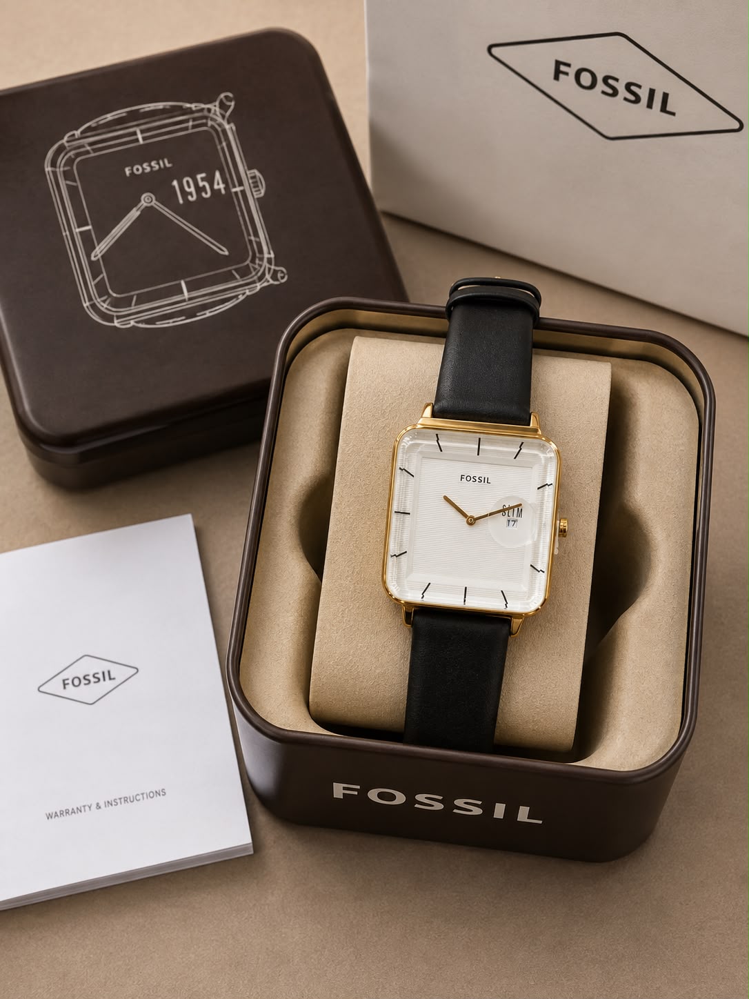 Fossil Slim Square Analog Watch for Men – Black Dial | Gold Tone Case | Black Leather Strap | Quartz Movement