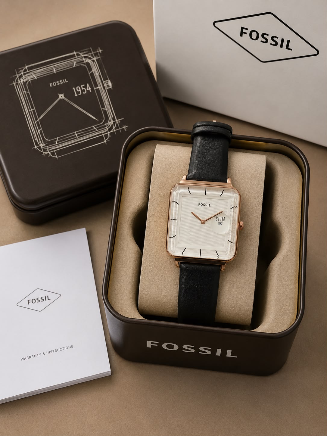 Fossil Slim Square Analog Watch for Men – Black Dial | Gold Tone Case | Black Leather Strap | Quartz Movement