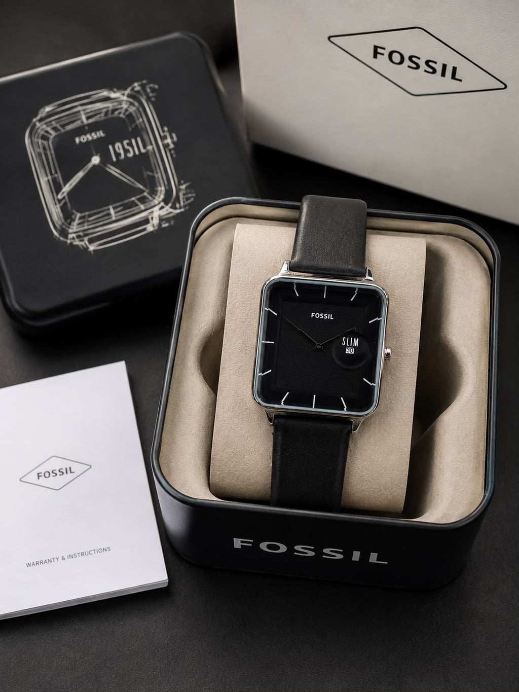 Fossil Slim Square Analog Watch for Men – Black Dial | Gold Tone Case | Black Leather Strap | Quartz Movement