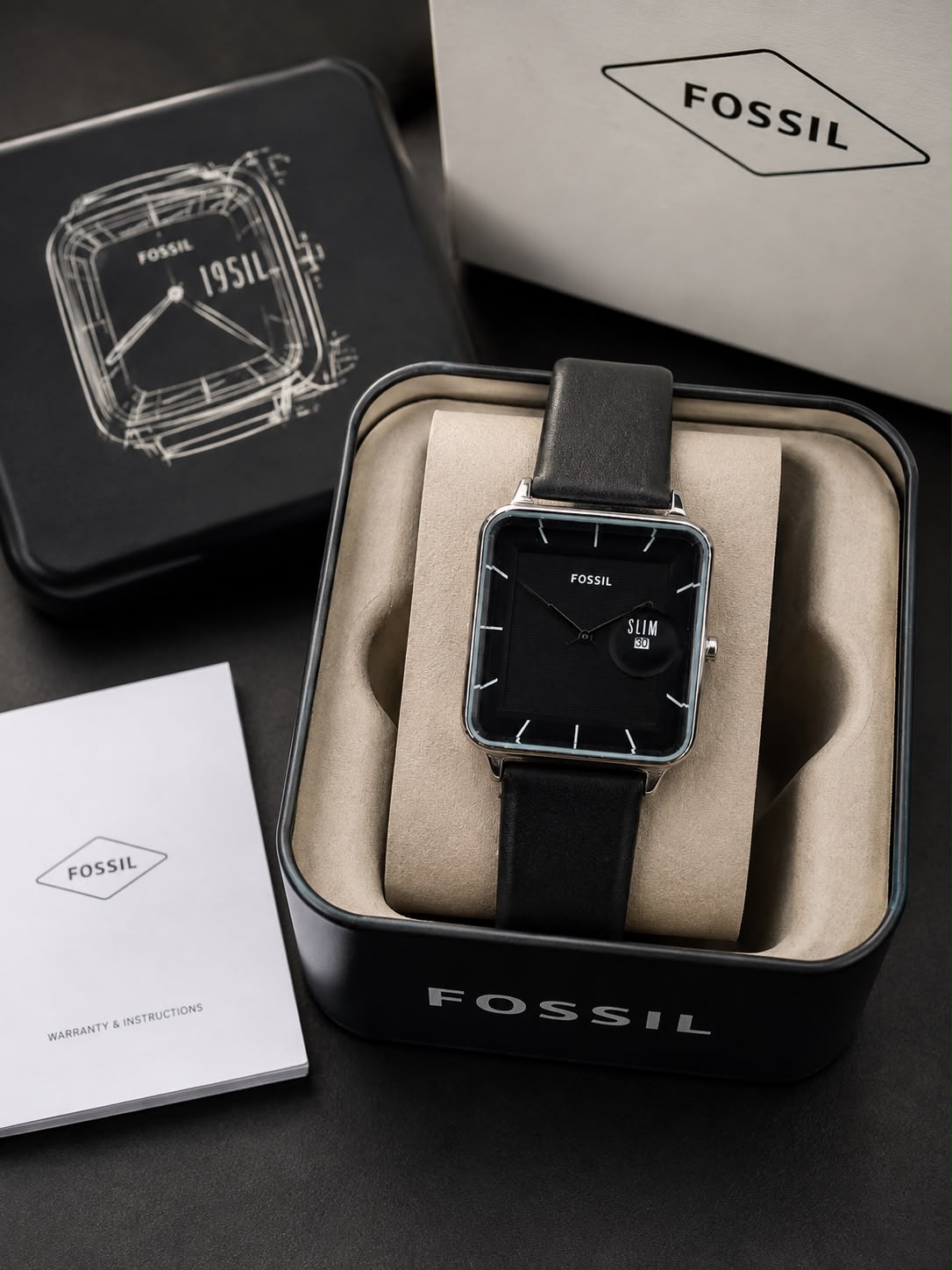 Fossil Slim Square Analog Watch for Men – Black Dial | Gold Tone Case | Black Leather Strap | Quartz Movement
