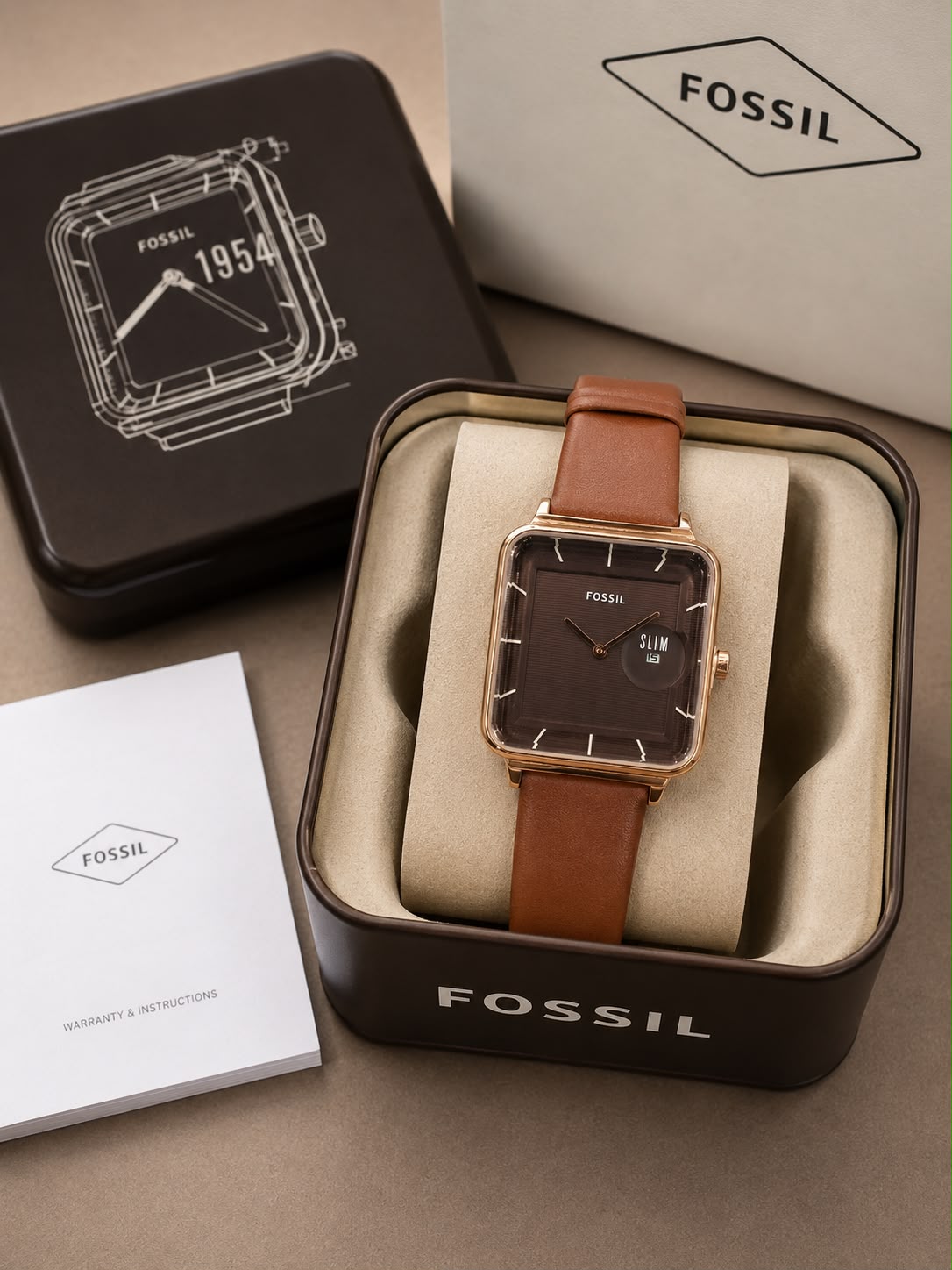Fossil Slim Square Analog Watch for Men – Black Dial | Gold Tone Case | Black Leather Strap | Quartz Movement