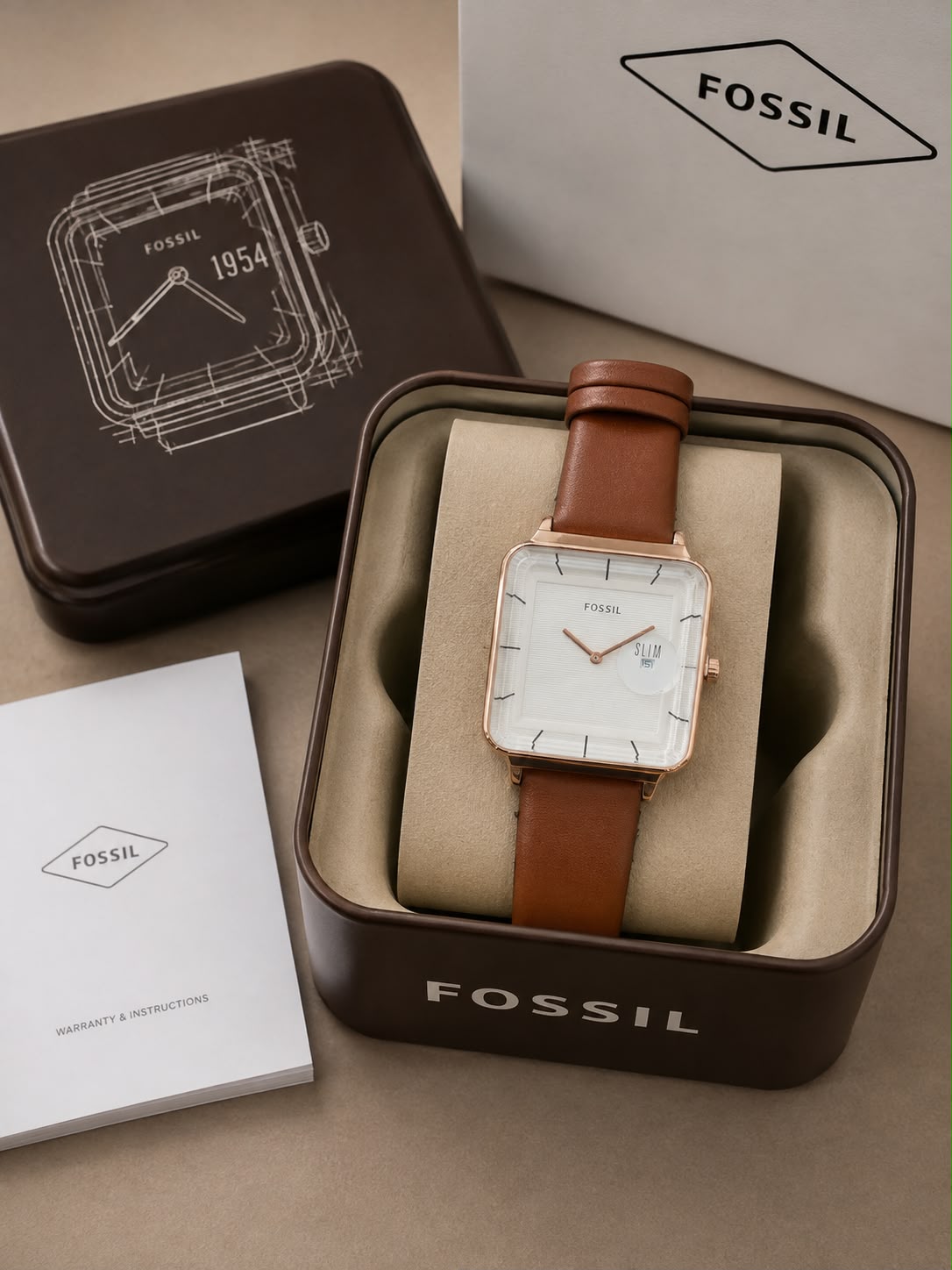 Fossil Slim Square Analog Watch for Men – Black Dial | Gold Tone Case | Black Leather Strap | Quartz Movement