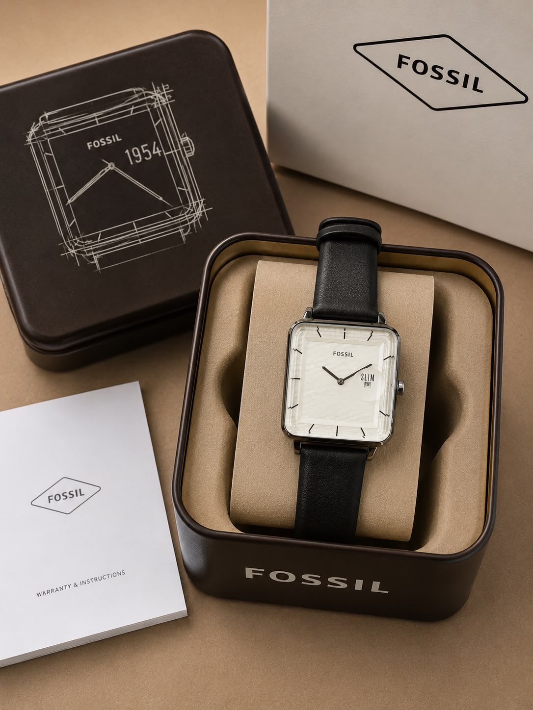 Fossil Slim Square Analog Watch for Men – Black Dial | Gold Tone Case | Black Leather Strap | Quartz Movement