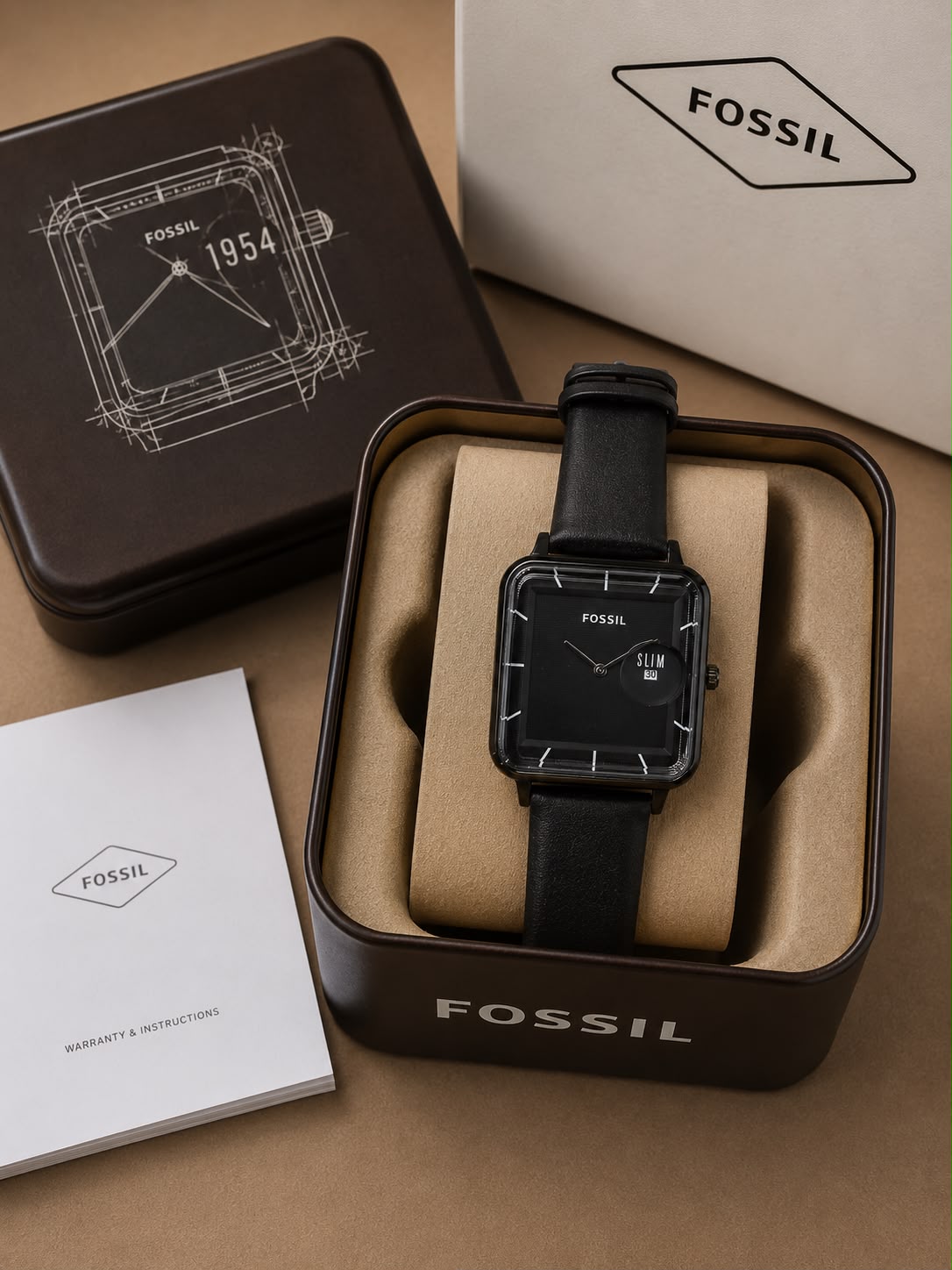 Fossil Slim Square Analog Watch for Men – Black Dial | Gold Tone Case | Black Leather Strap | Quartz Movement