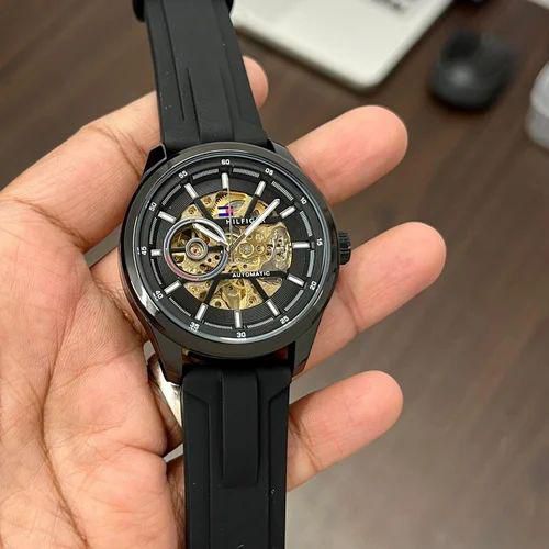 Tommy Hilfiger Automatic Skeleton Dial Men's Watch – Gold & Black with Grey Silicone Strap
