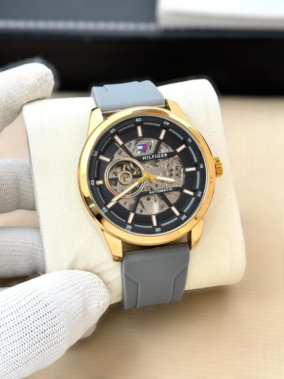 Tommy Hilfiger Automatic Skeleton Dial Men's Watch – Gold & Black with Grey Silicone Strap