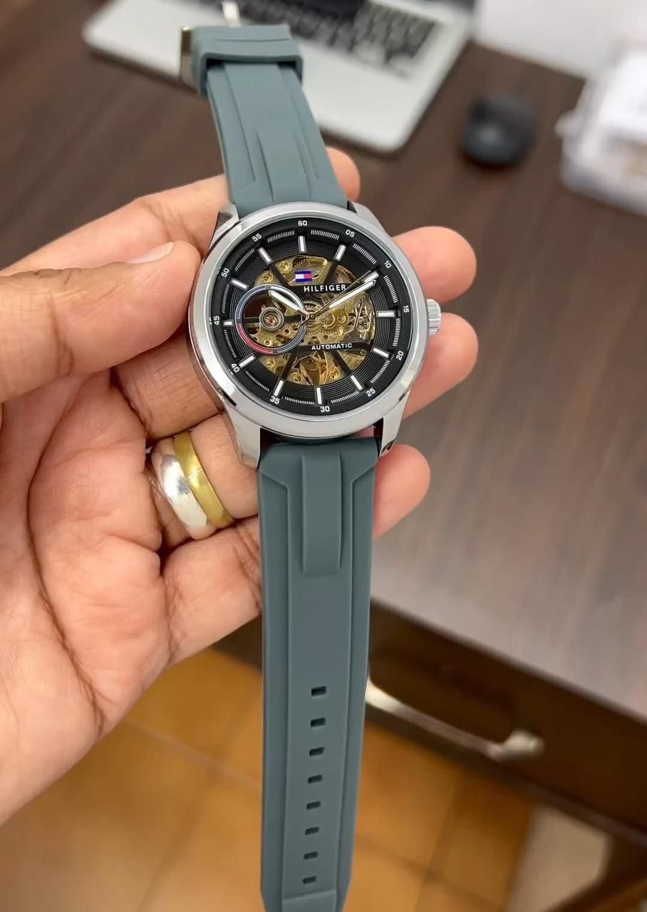 Tommy Hilfiger Automatic Skeleton Dial Men's Watch – Gold & Black with Grey Silicone Strap