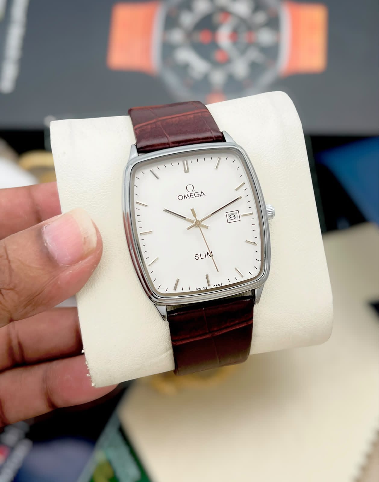 Omega Men's Classic Square Dial Watch – Silver Case with White Dial & Brown Leather Strap