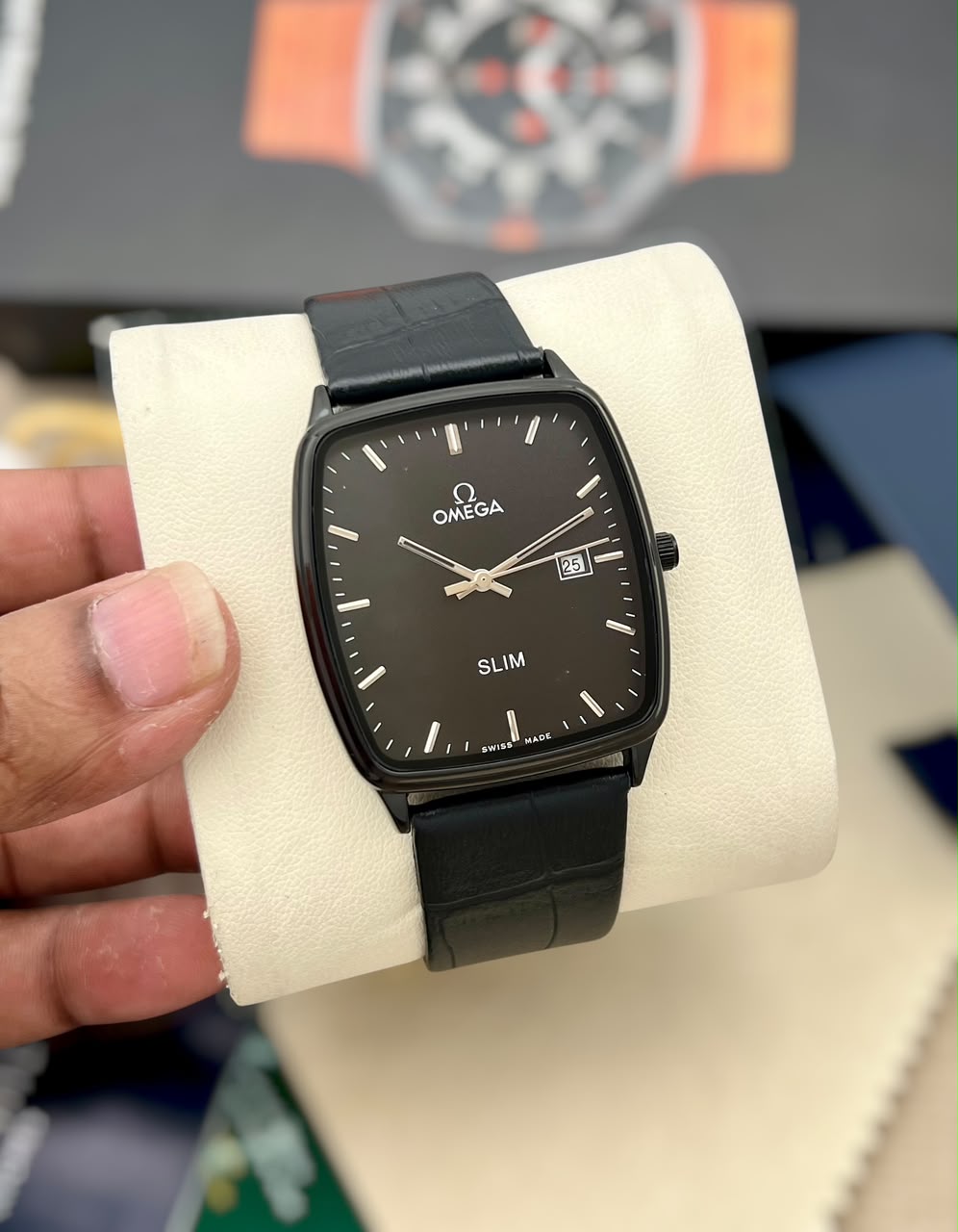 Omega Men's Classic Square Dial Watch – Silver Case with White Dial & Brown Leather Strap
