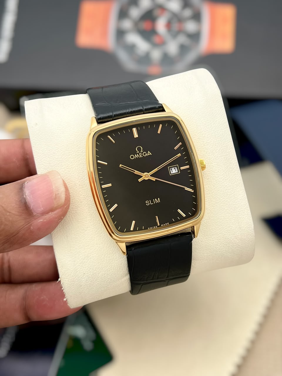 Omega Men's Classic Square Dial Watch – Silver Case with White Dial & Brown Leather Strap