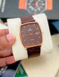 Omega Men's Classic Square Dial Watch – Silver Case with White Dial & Brown Leather Strap