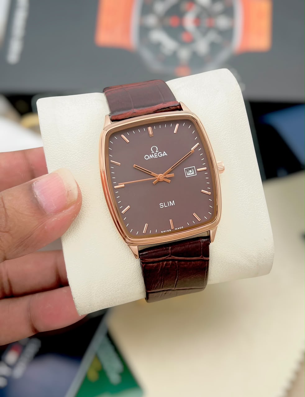 Omega Men's Classic Square Dial Watch – Silver Case with White Dial & Brown Leather Strap