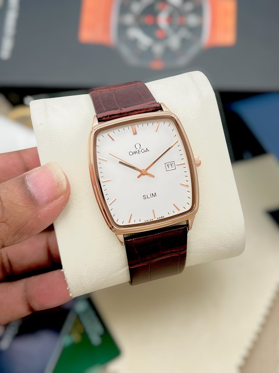 Omega Men's Classic Square Dial Watch – Silver Case with White Dial & Brown Leather Strap
