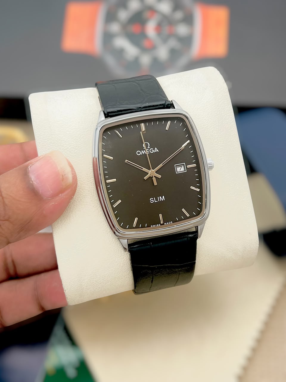 Omega Men's Classic Square Dial Watch – Silver Case with White Dial & Brown Leather Strap