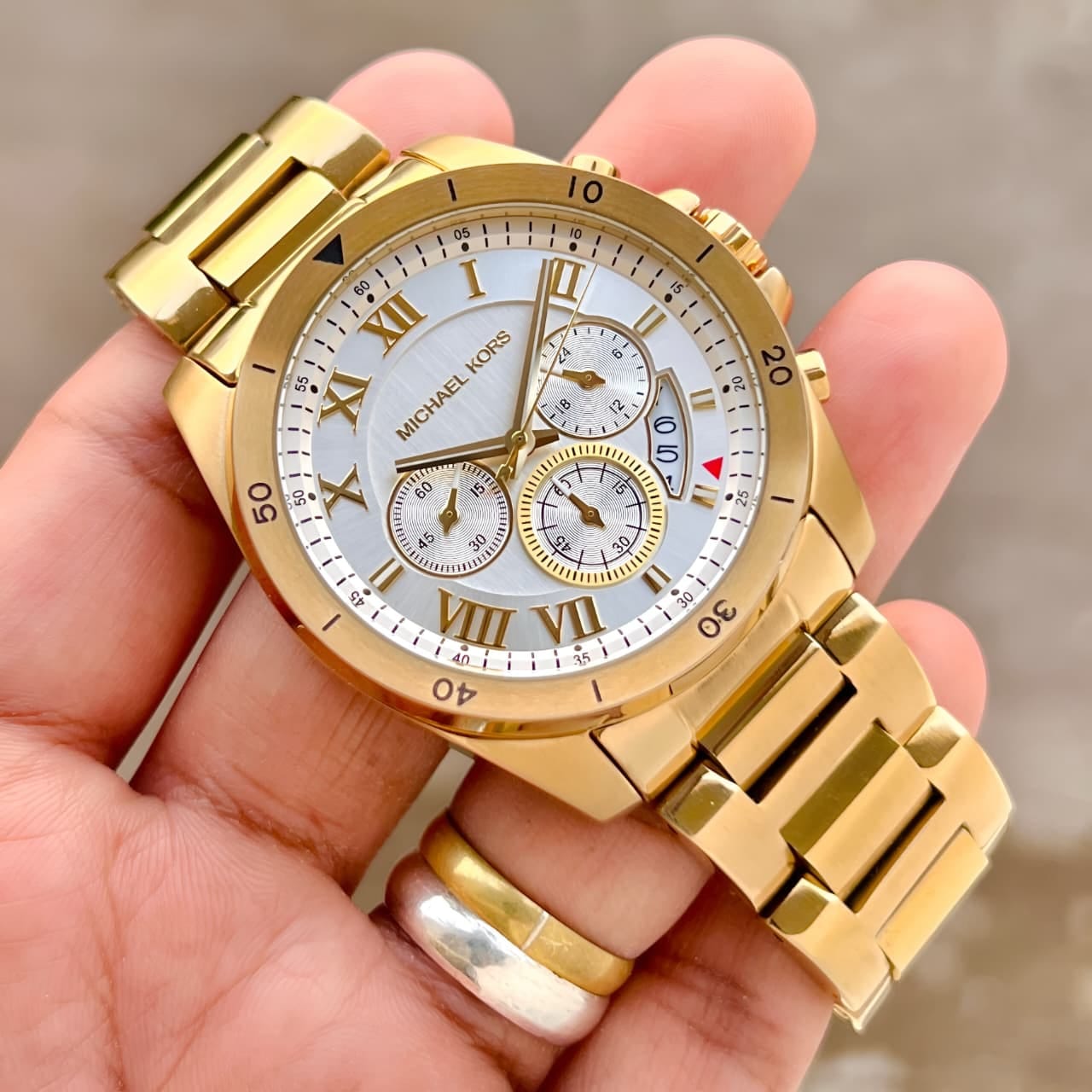 Michael Kors Men's Gold-Tone Chronograph Watch – White Dial & Stainless Steel Bracelet