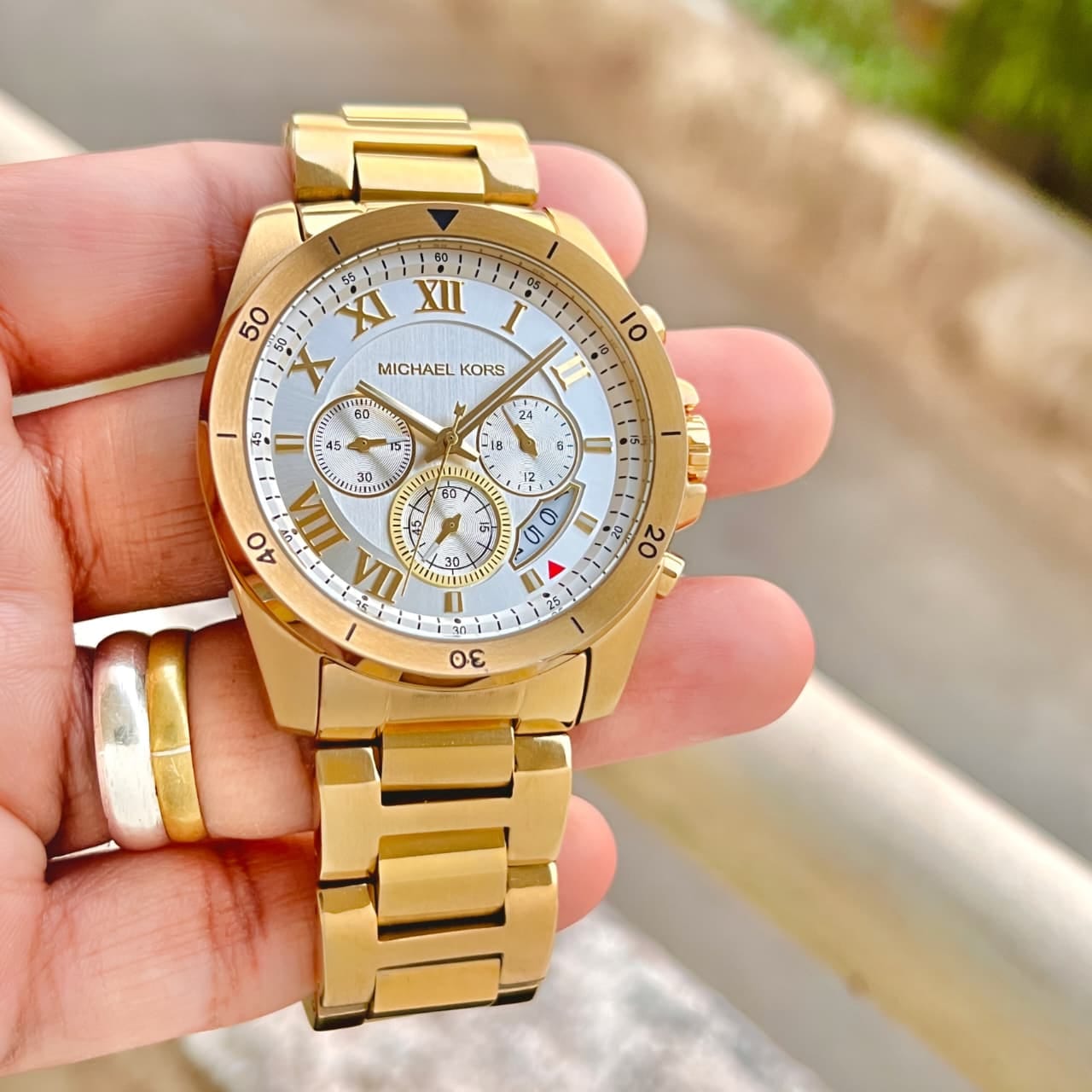 Michael Kors Men's Gold-Tone Chronograph Watch – White Dial & Stainless Steel Bracelet