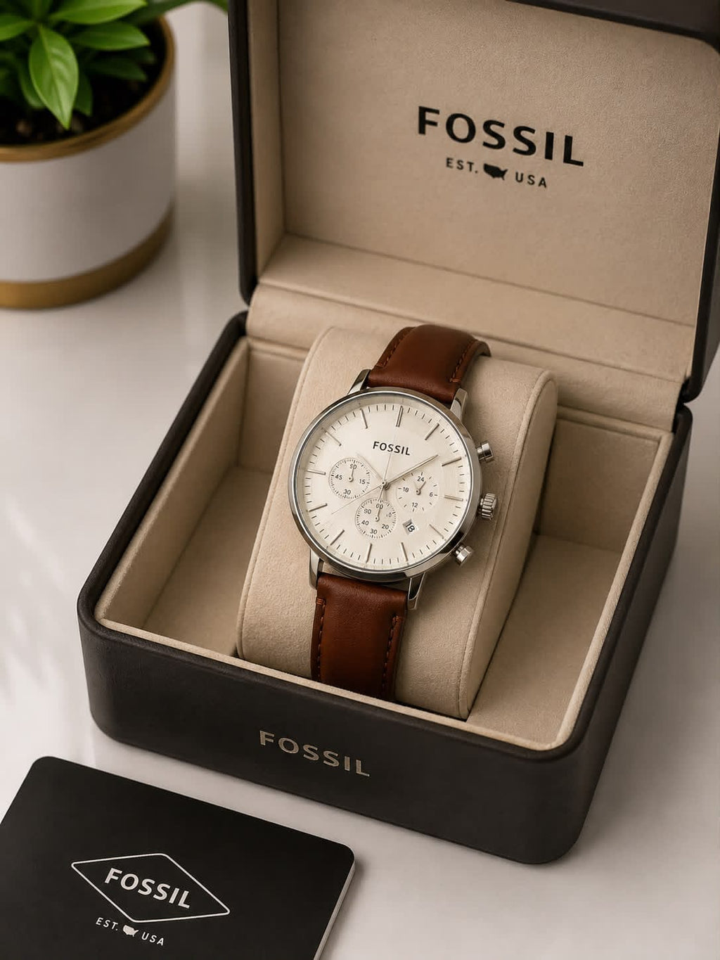 Fossil Men's Chronograph Watch – Blue Dial with Silver-Tone Case & Leather Strap