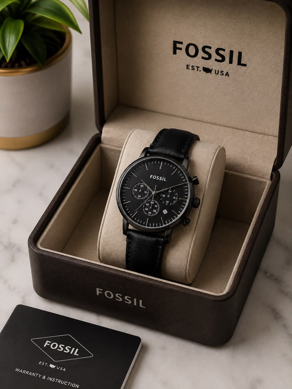 Fossil Men's Chronograph Watch – Blue Dial with Silver-Tone Case & Leather Strap