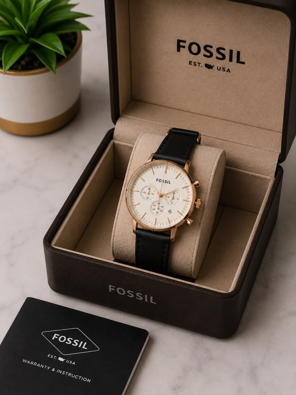 Fossil Men's Chronograph Watch – Blue Dial with Silver-Tone Case & Leather Strap