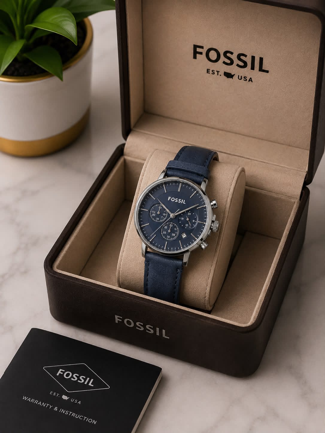 Fossil Men's Chronograph Watch – Blue Dial with Silver-Tone Case & Leather Strap