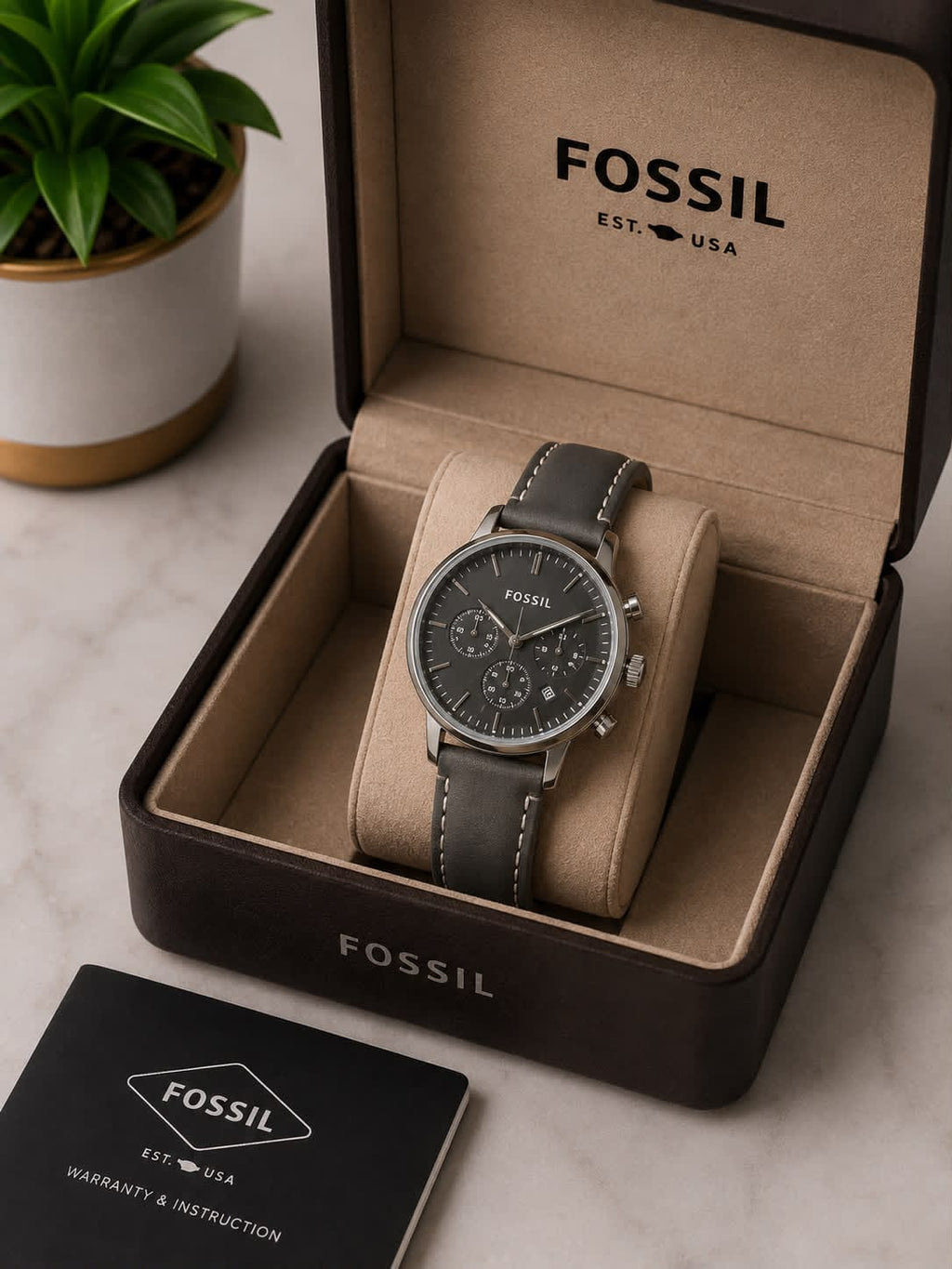Fossil Men's Chronograph Watch – Blue Dial with Silver-Tone Case & Leather Strap