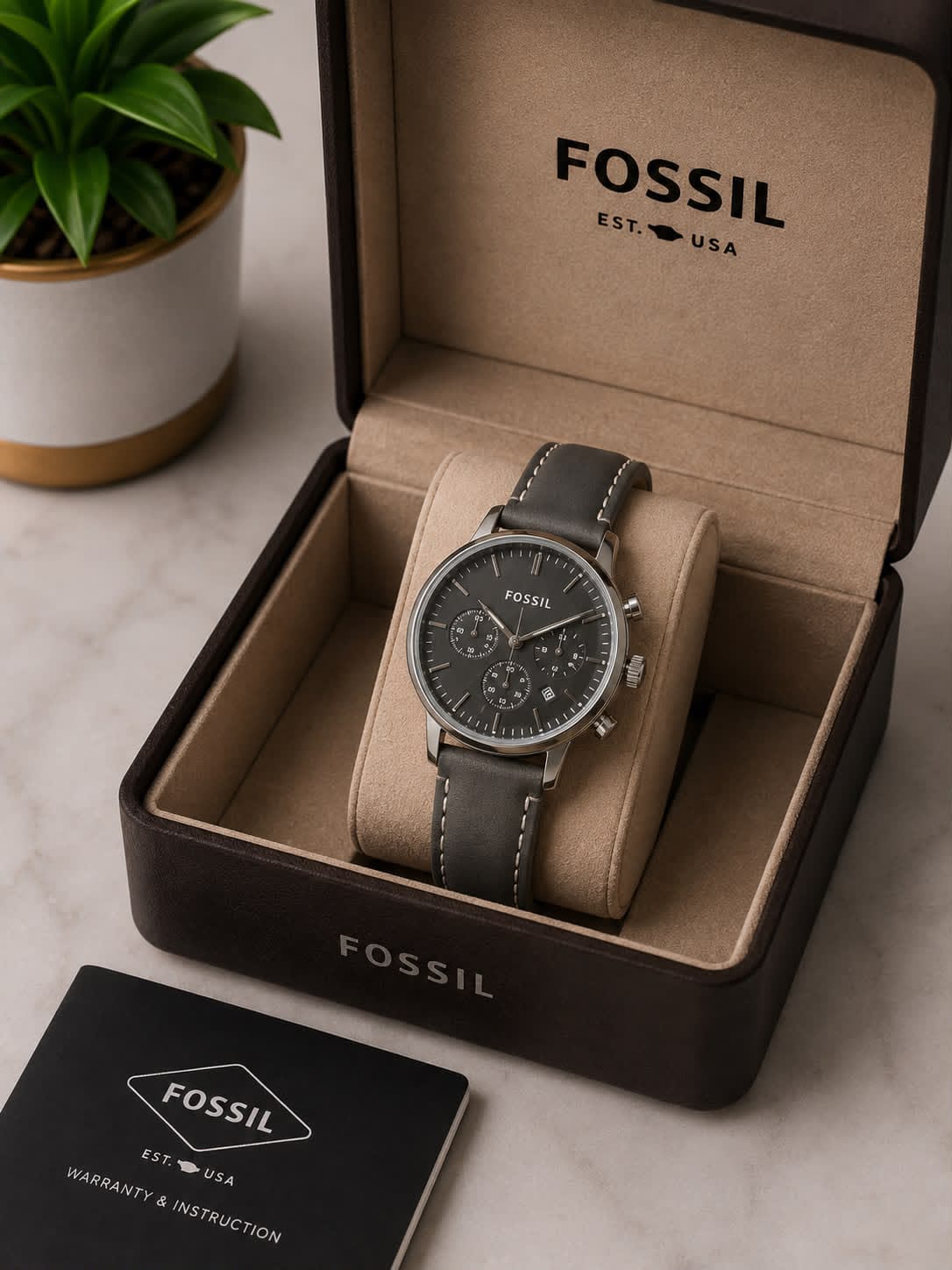 Fossil Men's Chronograph Watch – Blue Dial with Silver-Tone Case & Leather Strap