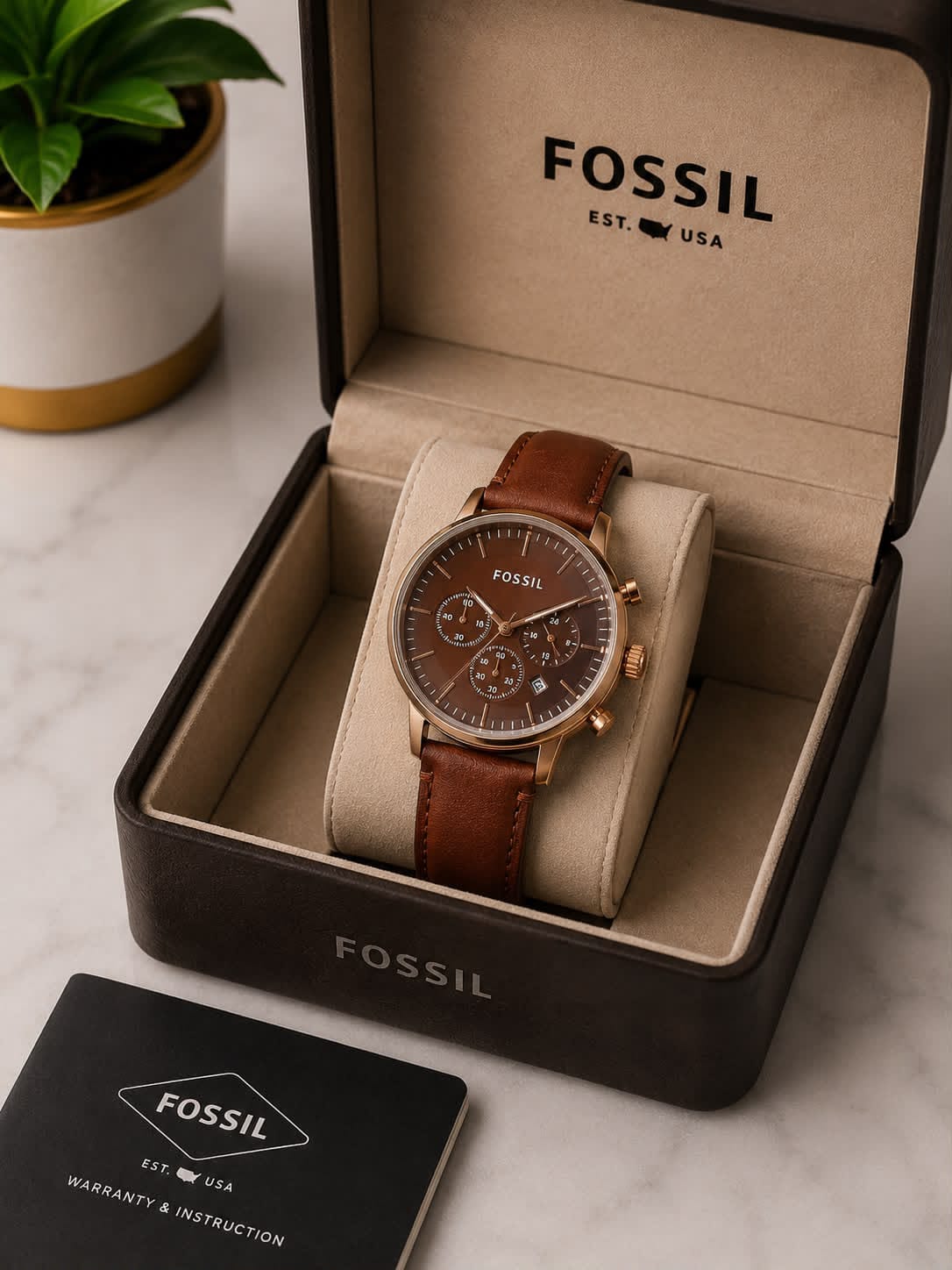 Fossil Men's Chronograph Watch – Blue Dial with Silver-Tone Case & Leather Strap