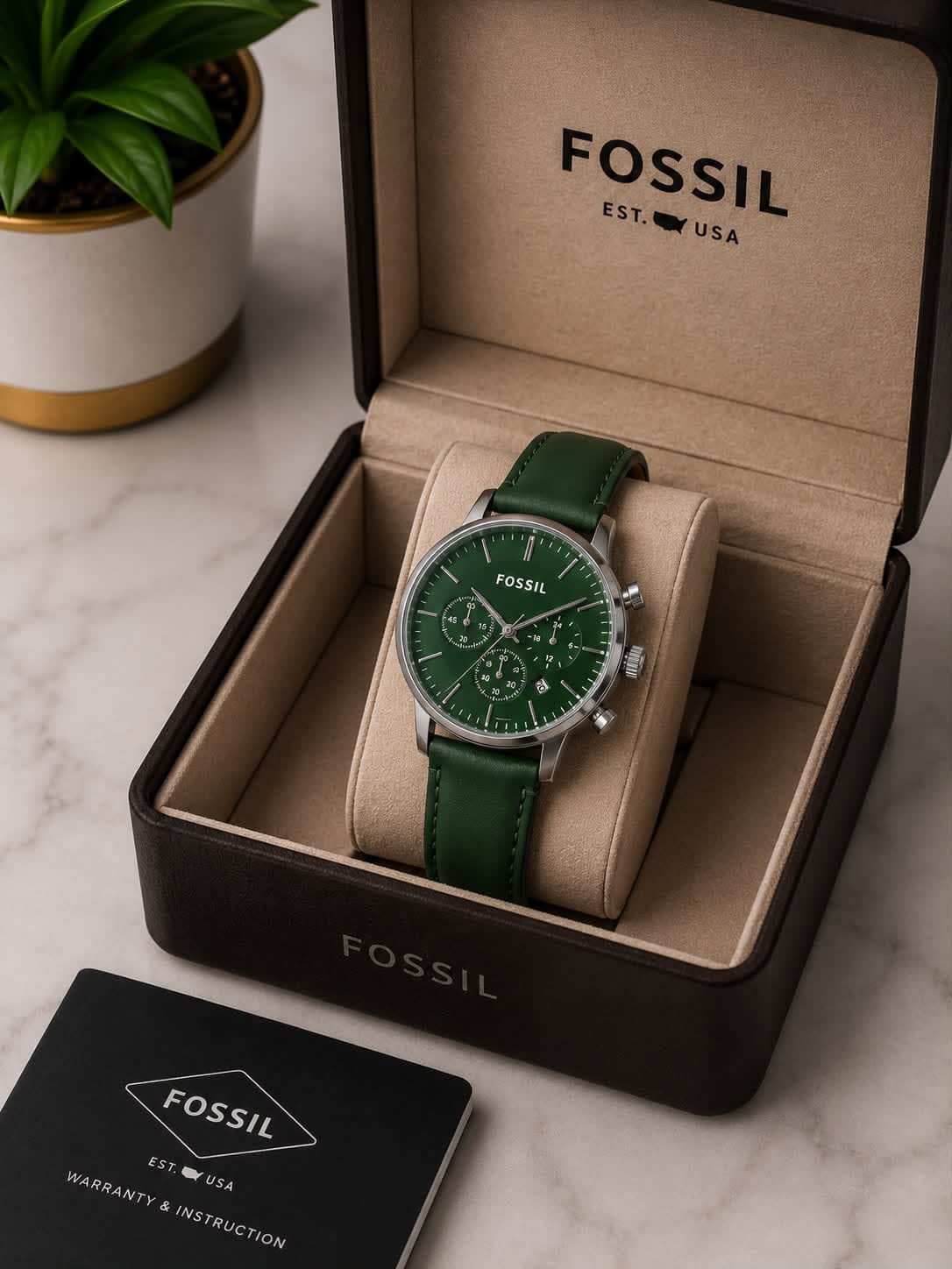 Fossil Men's Chronograph Watch – Blue Dial with Silver-Tone Case & Leather Strap