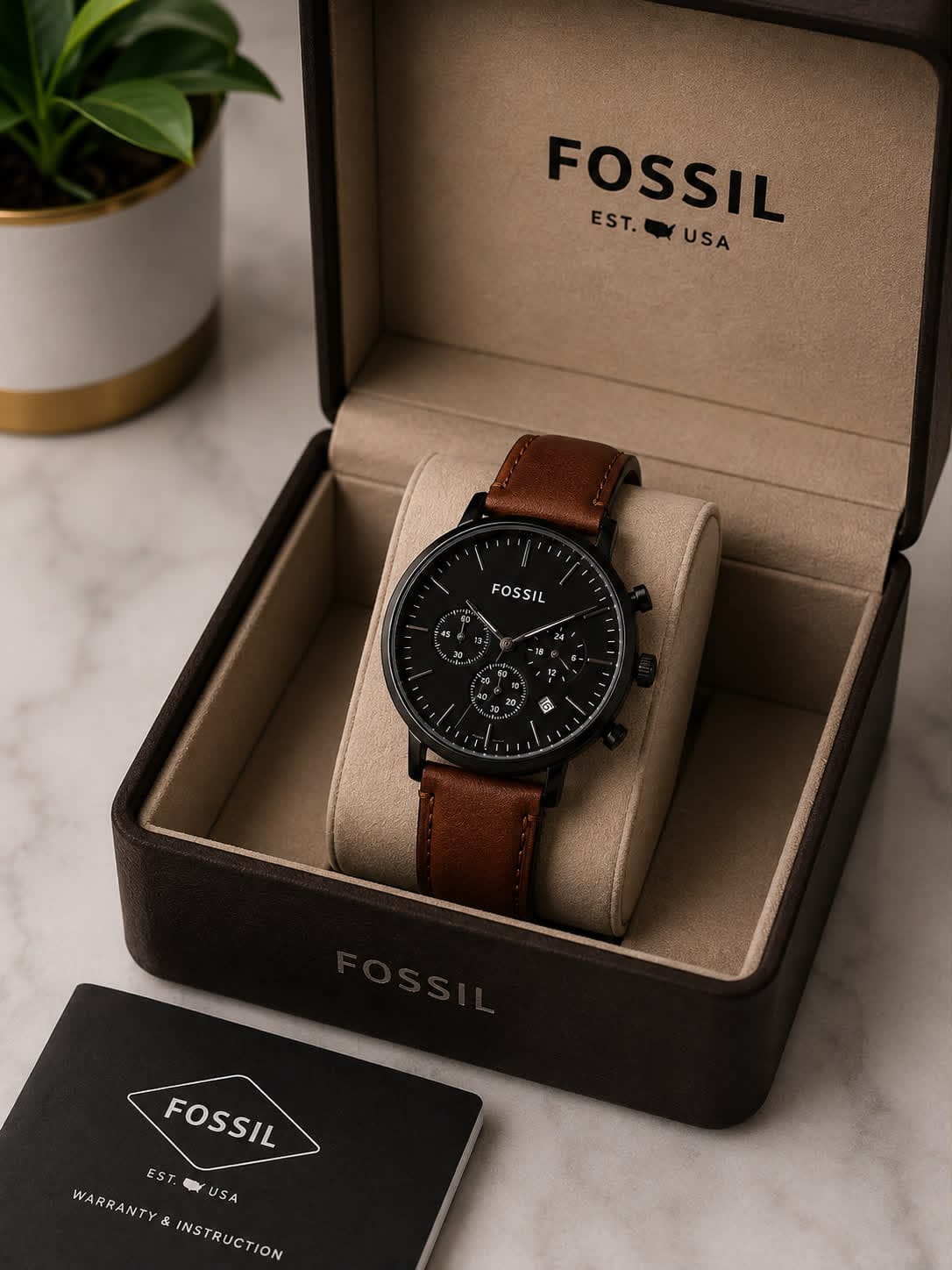 Fossil Men's Chronograph Watch – Blue Dial with Silver-Tone Case & Leather Strap