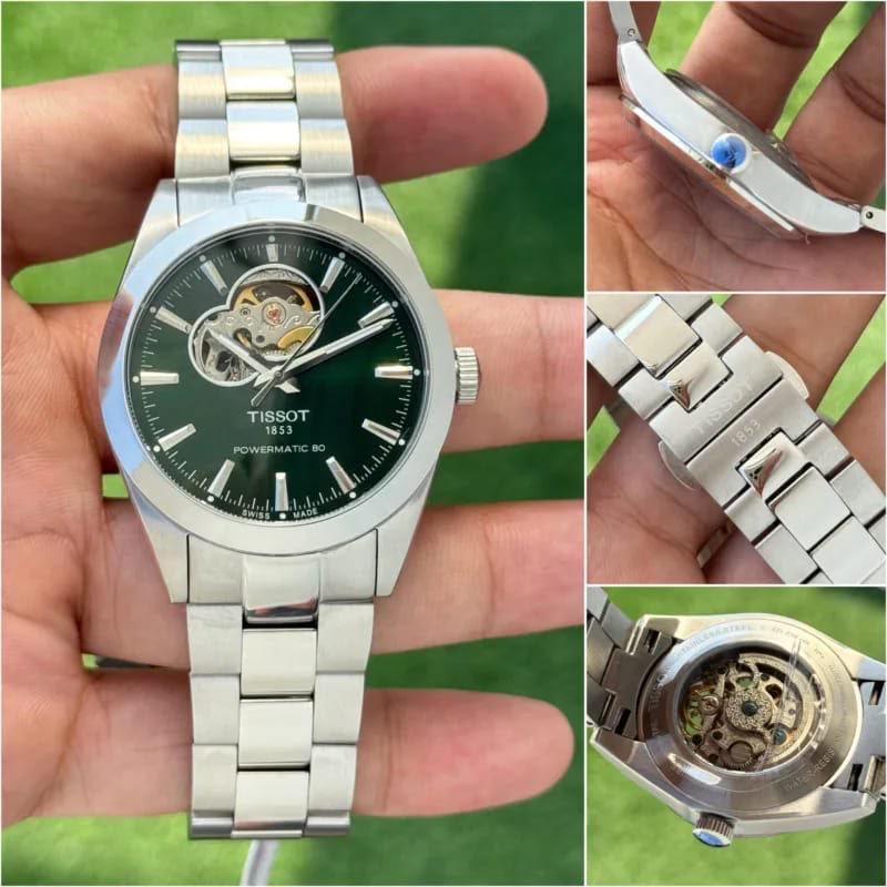 Tissot Men's Automatic Watch – Green Skeleton Dial with Stainless Steel Bracelet
