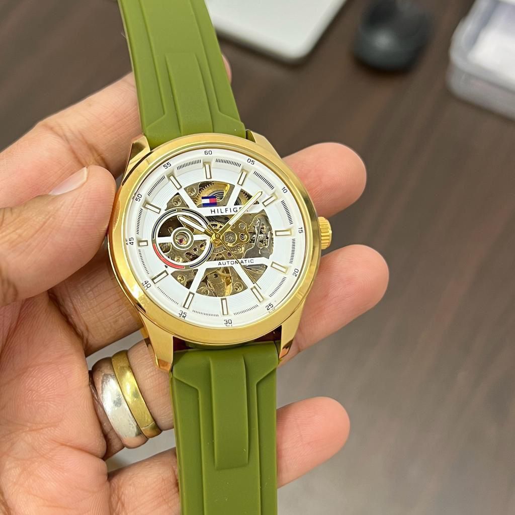 Tommy Hilfiger Automatic Skeleton Dial Men's Watch – Gold & Black with Grey Silicone Strap
