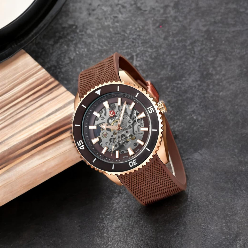 Rado Men's Captain Cook Automatic Watch – Brown Skeleton Dial with Rose Gold Case