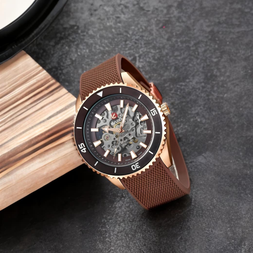 Rado Men's Captain Cook Automatic Watch – Brown Skeleton Dial with Rose Gold Case