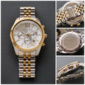 Michael Kors Men's Chronograph Watch – Silver & Gold Bracelet with White Dial