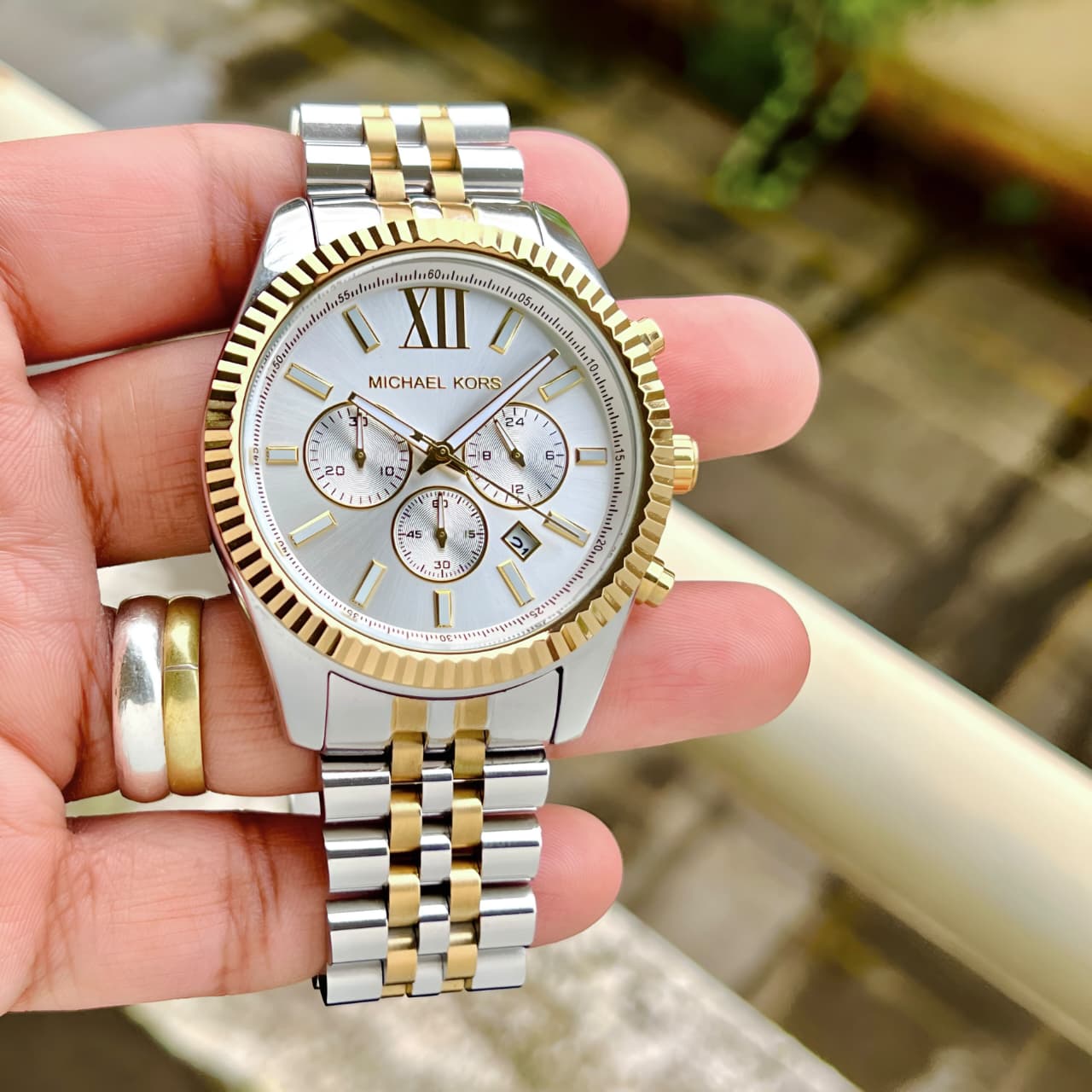 Michael Kors Men's Chronograph Watch – Silver & Gold Bracelet with White Dial
