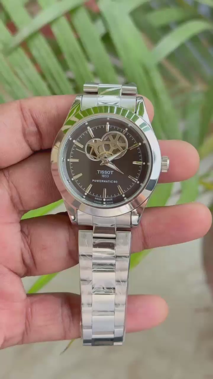 Tissot Men's Automatic Watch – Green Skeleton Dial with Stainless Steel Bracelet