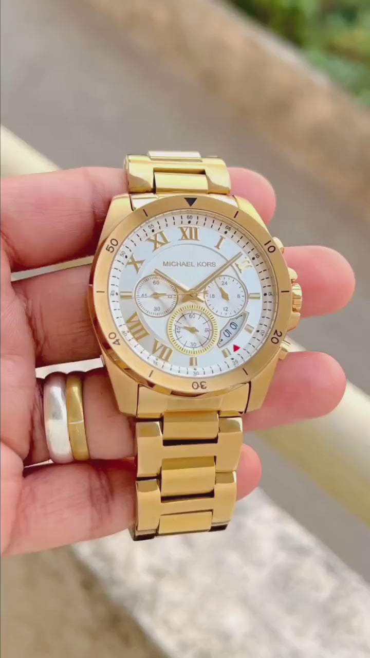 Michael Kors Men's Gold-Tone Chronograph Watch – White Dial & Stainless Steel Bracelet