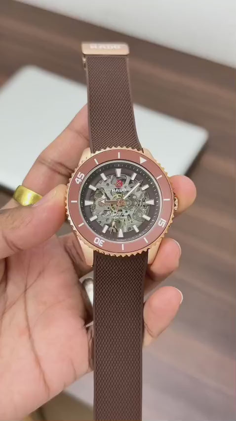 Rado Men's Captain Cook Automatic Watch – Brown Skeleton Dial with Rose Gold Case